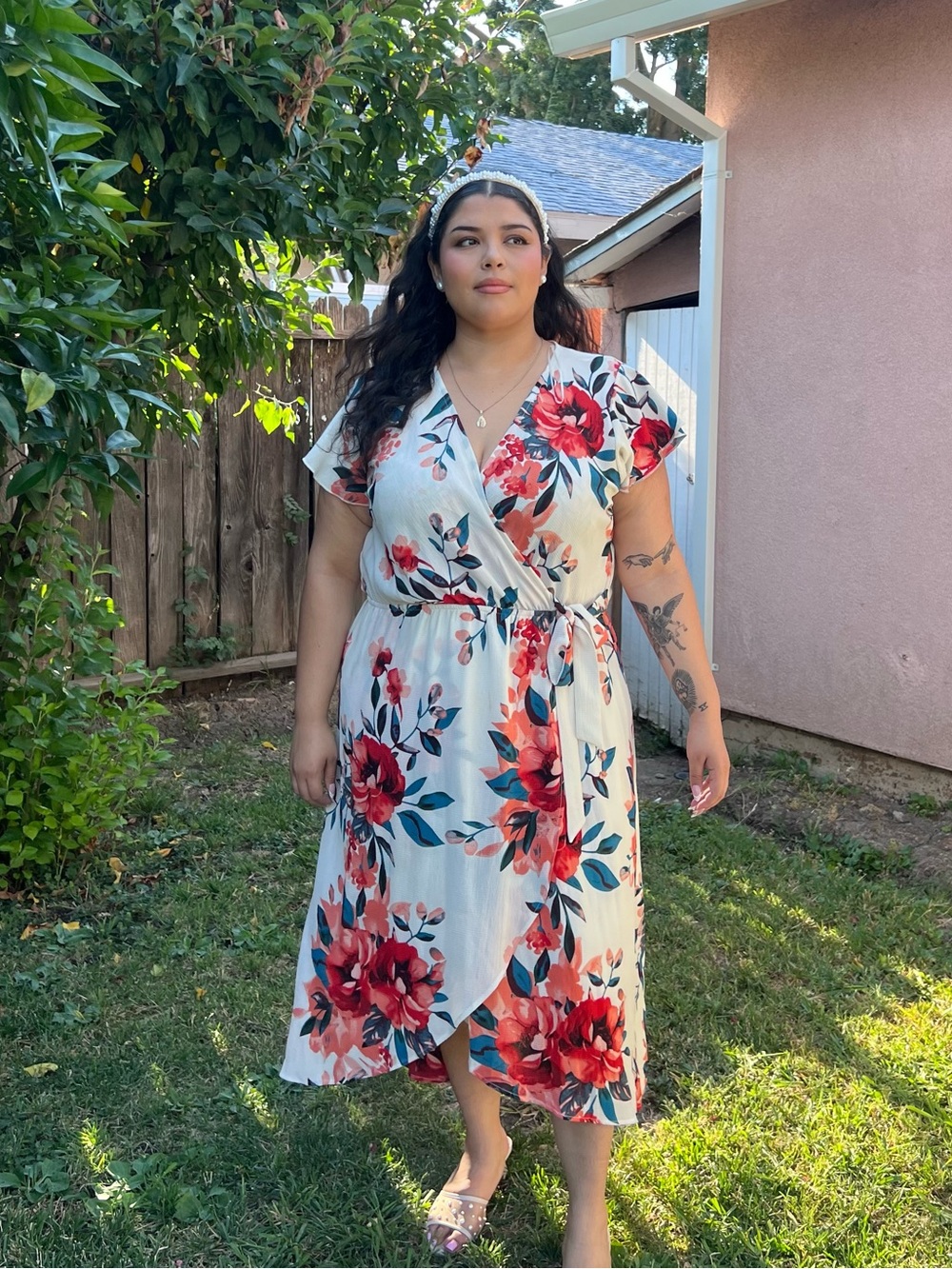 Floral Wrap Midi Dress - White with Red Floral